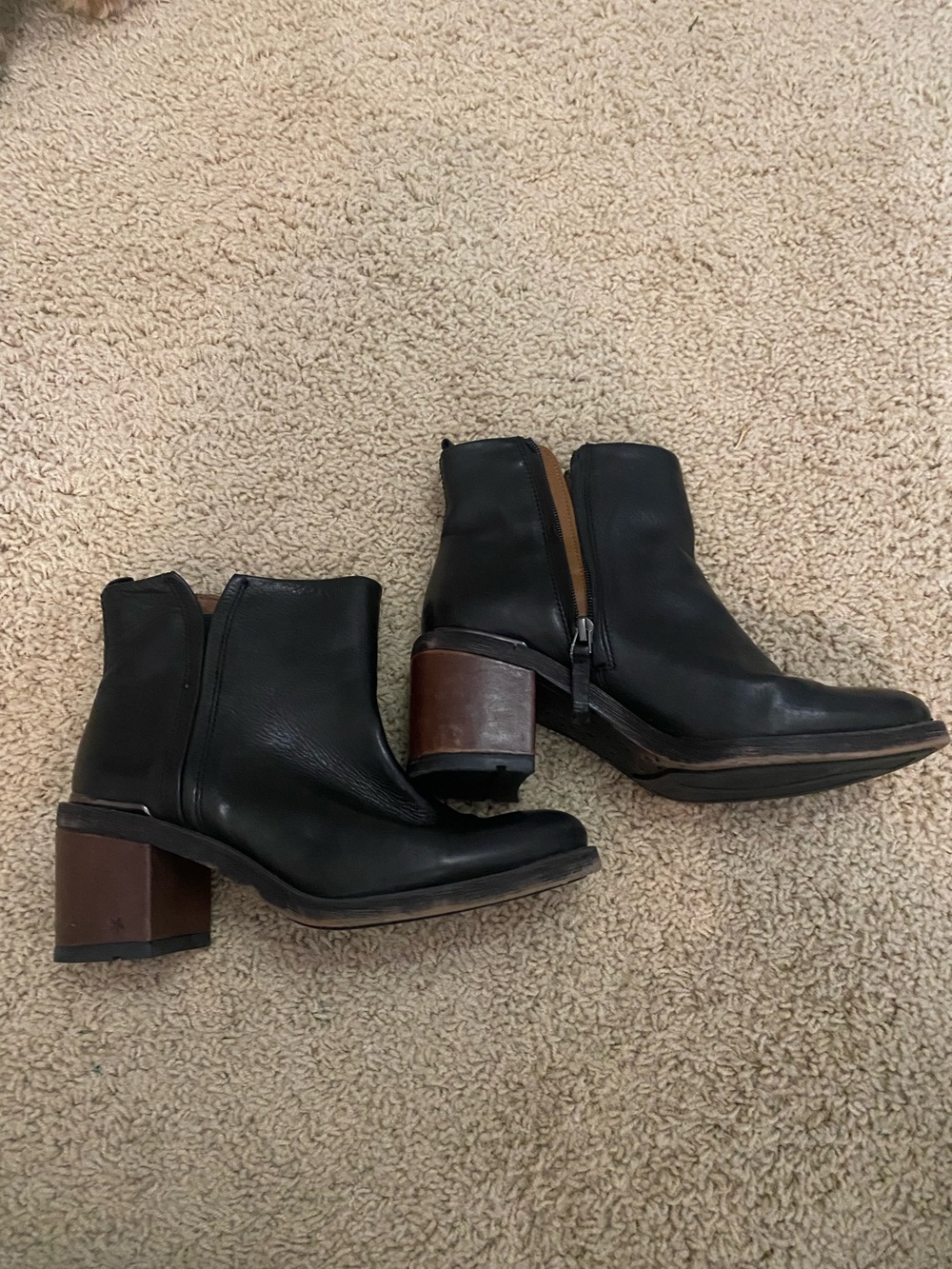 Franco Sarto Women's Black Leather Ankle Boots with Brown Block Heel